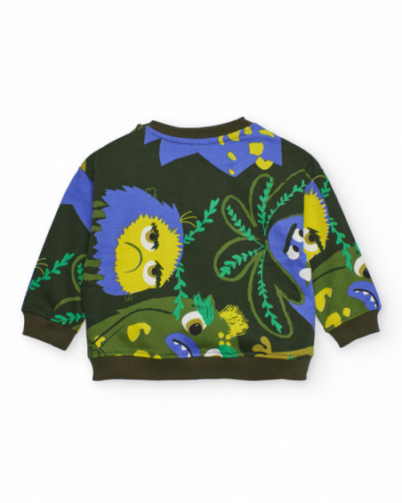 Green sweatshirt for boys with print of creatures in vibrant colors.