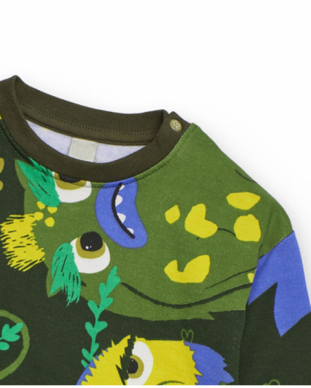 Green sweatshirt for boys with print of creatures in vibrant colors.