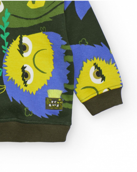 Green sweatshirt for boys with print of creatures in vibrant colors.
