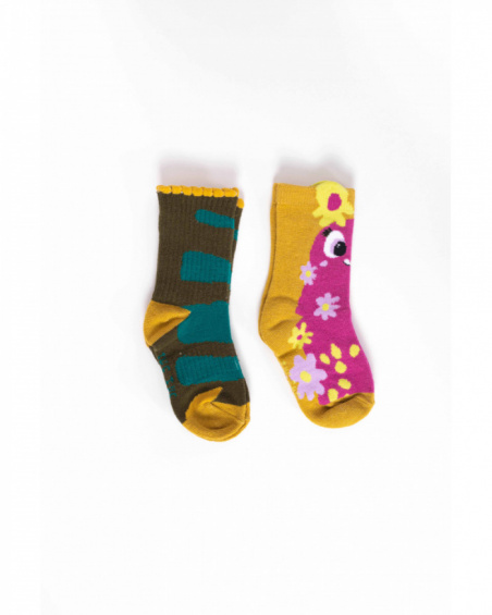 Girls' sock set with floral monster prints and vibrant color details.