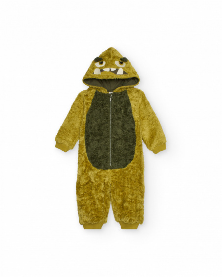 Boy’s mustard fleece romper with monster hood