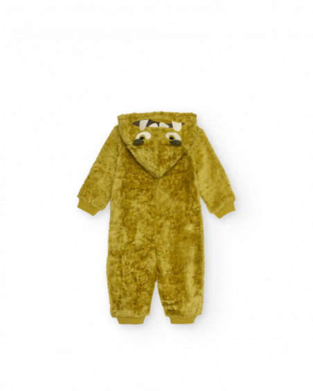 Boy’s mustard fleece romper with monster hood