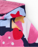 Girl’s dress with hood and multicolored star and letter print.