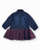 Denim dress for girl with tulle skirt and star appliqués.
