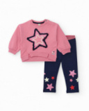 Girl’s outfit with pink sweatshirt featuring embroidered star and navy blue leggings with star
