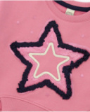 Girl’s outfit with pink sweatshirt featuring embroidered star and navy blue leggings with star