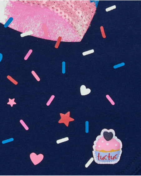Navy blue sweatshirt for girl with shiny heart and asymmetrical back design.