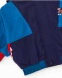 Windbreaker jacket for boy with navy and electric blue color blocks and red hood.