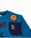 Fleece sweatshirt for boys in blue with ball and text embroidery.