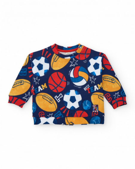Fleece sweatshirt for boys in navy blue with all-over ball print.