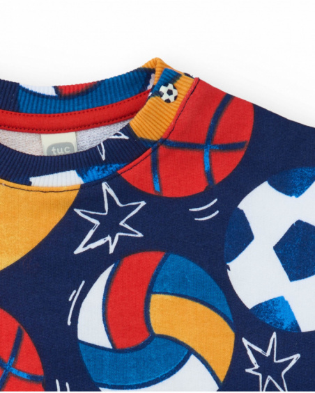 Fleece sweatshirt for boys in navy blue with all-over ball print.