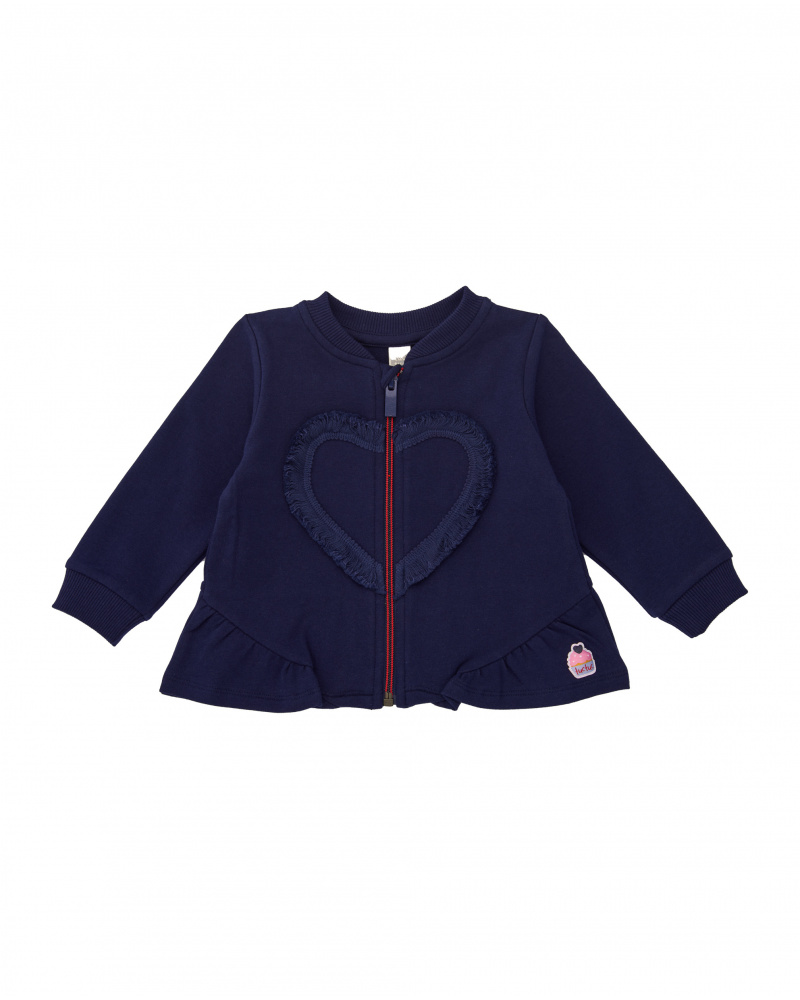 Fleece jacket for girls in navy blue with heart detail and ruffle.