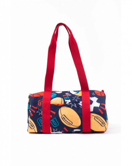 Navy blue sports bag for boy with multicolored ball print.