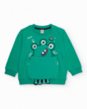 Green fleece sweatshirt for boys with space monster print.