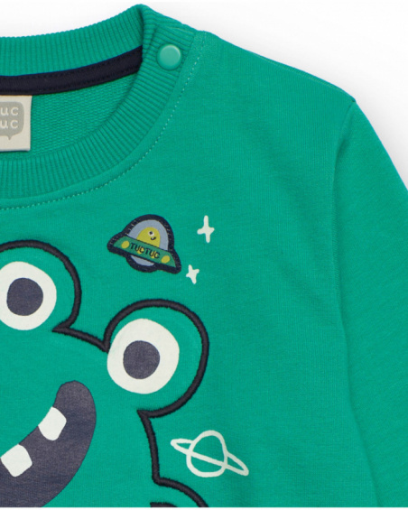 Green fleece sweatshirt for boys with space monster print.