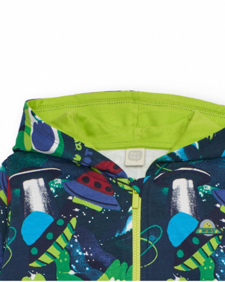 Blue boys' sweatshirt and pants set with space print.