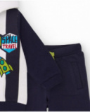 Navy blue boys' sweatshirt and pants set with space print.