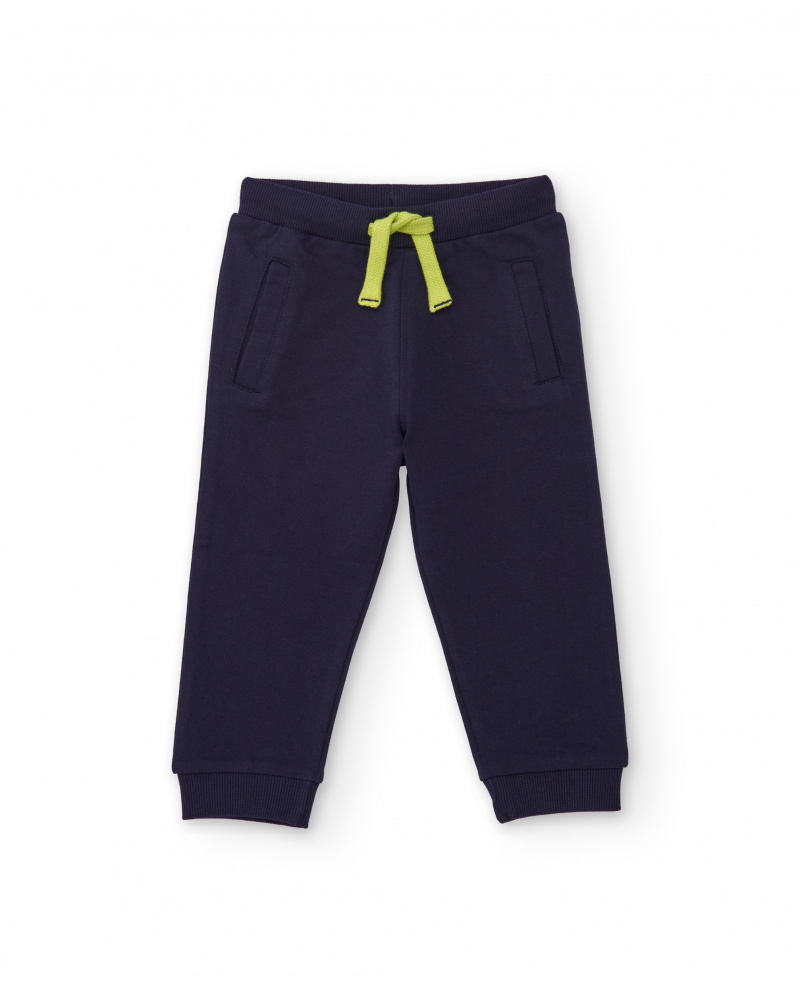 Navy blue knit pants for boy with adjustable waistband and small spaceship embroidery.