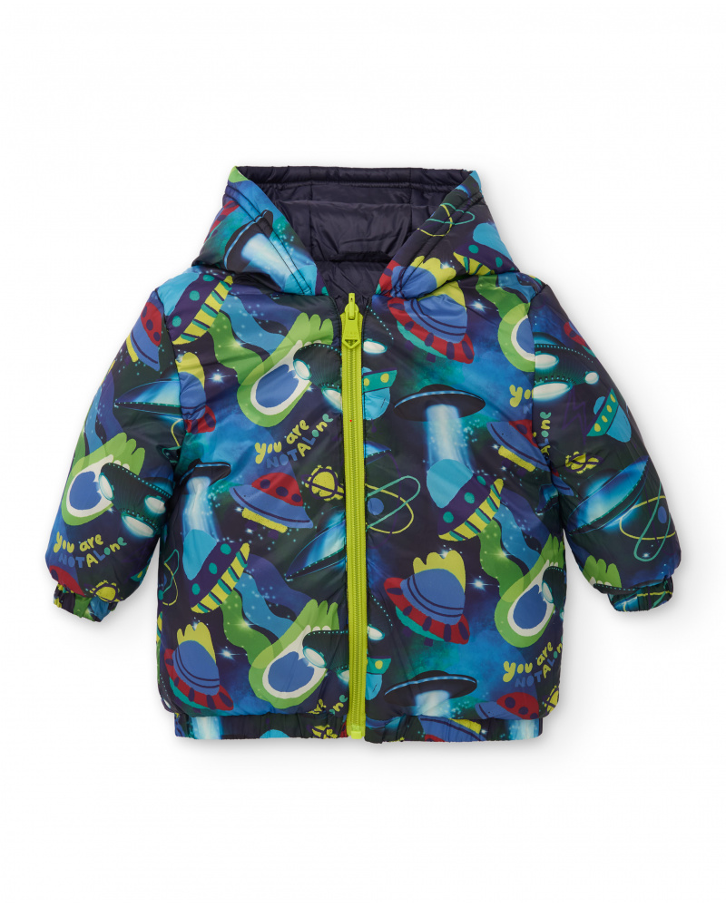 Reversible padded coat for boys with hood and space design