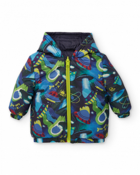 Reversible padded coat for boys with hood and space design Reversible padded coat for boys with hood and space design