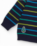 Navy blue knit sweater for boy with colorful stripes and rocket embroidery.