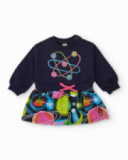 Navy blue dress for girl with planet print and pink bow detail.