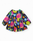 Long-sleeve dress for girl with vibrant planet print.