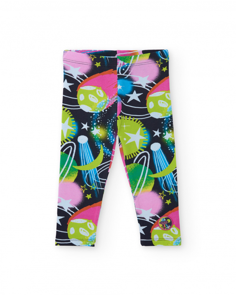 Girls' leggings with vibrant planet and star print.