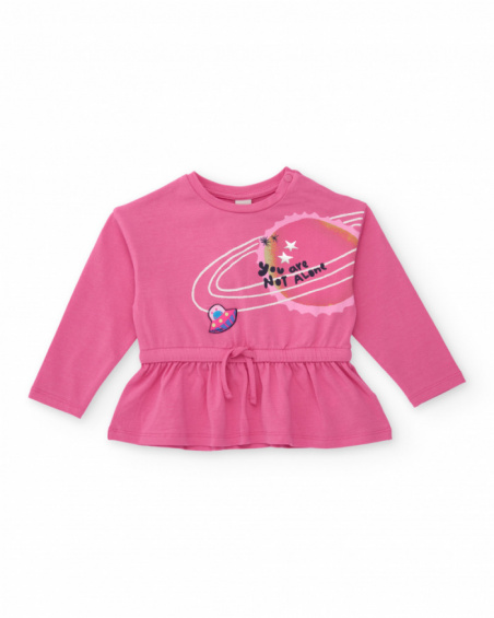Pink long-sleeve blouse for girl with space print and ruffled waistband.