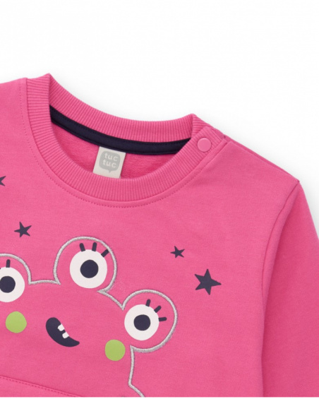 Pink sweatshirt for girl with monster design and kangaroo pocket.
