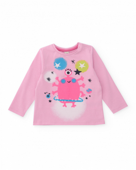 Long-sleeve pink t-shirt for girl with monster and star print.