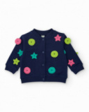 Girls' navy blue knit jacket with star and circle appliqués.