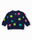 Girls' navy blue knit jacket with star and circle appliqués.