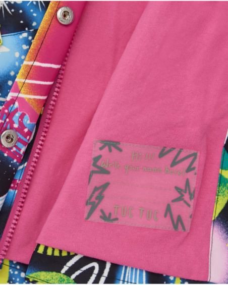 Girls' waterproof jacket with vibrant planet and star print.