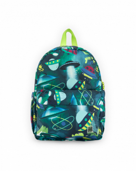 Blue backpack for boy with space print of UFOs and planets.