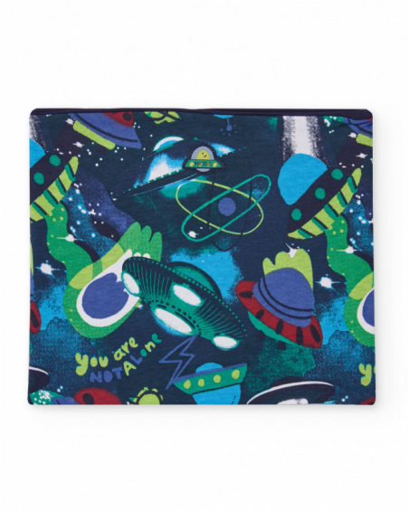 Blue neck warmer for boy with spaceship and planet print.