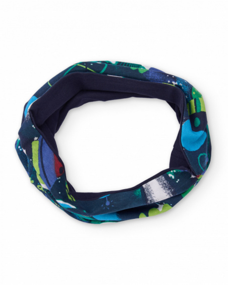 Blue neck warmer for boy with spaceship and planet print.