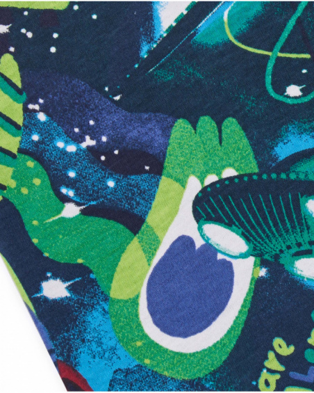 Blue neck warmer for boy with spaceship and planet print.