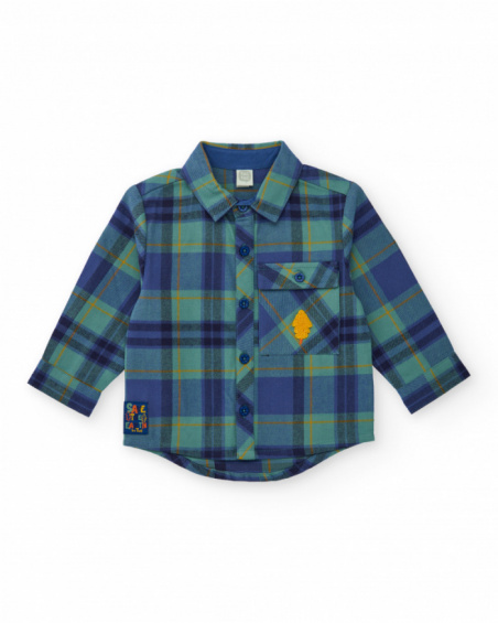 Boys' flannel shirt with blue and green checks and tree patch detail.
