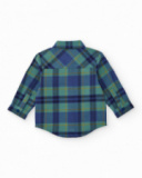 Boys' flannel shirt with blue and green checks and tree patch detail.