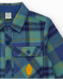 Boys' flannel shirt with blue and green checks and tree patch detail.