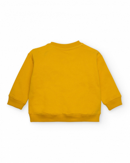 Boys' mustard fleece sweatshirt with embossed dinosaur design.