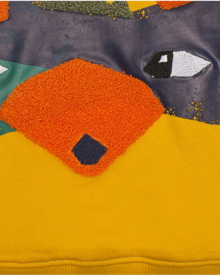 Boys' mustard fleece sweatshirt with embossed dinosaur design.