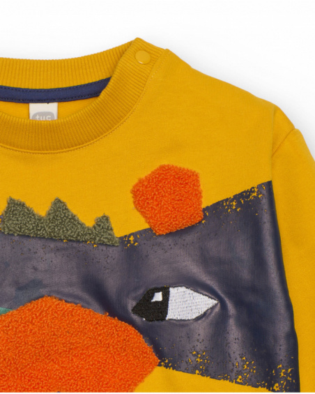 Boys' mustard fleece sweatshirt with embossed dinosaur design.