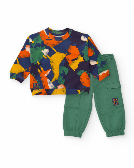 Boys' set with multicolor sweatshirt and green jogger pants.