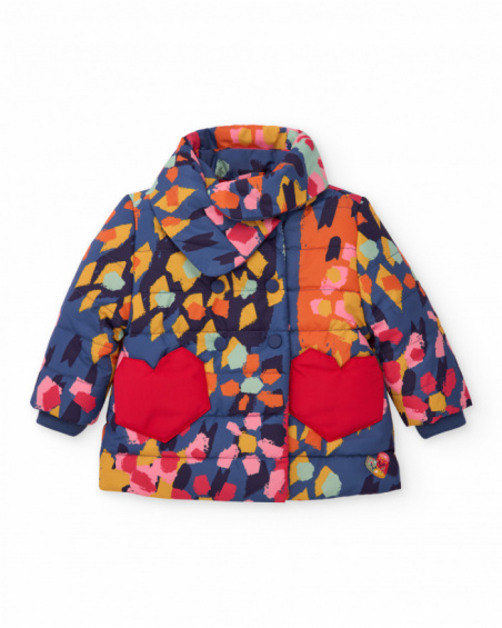 Girls' padded coat with multicolor print and heart-shaped pockets.