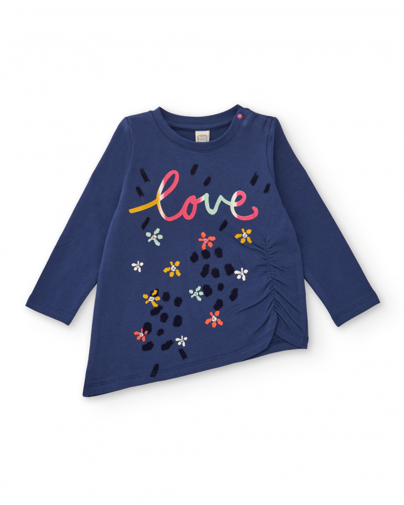 Jersey T-shirt for baby girl in navy blue with front print and side ruching