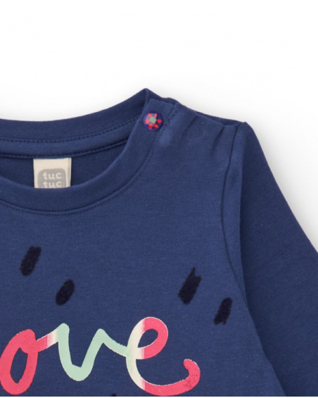 Jersey T-shirt for baby girl in navy blue with front print and side ruching