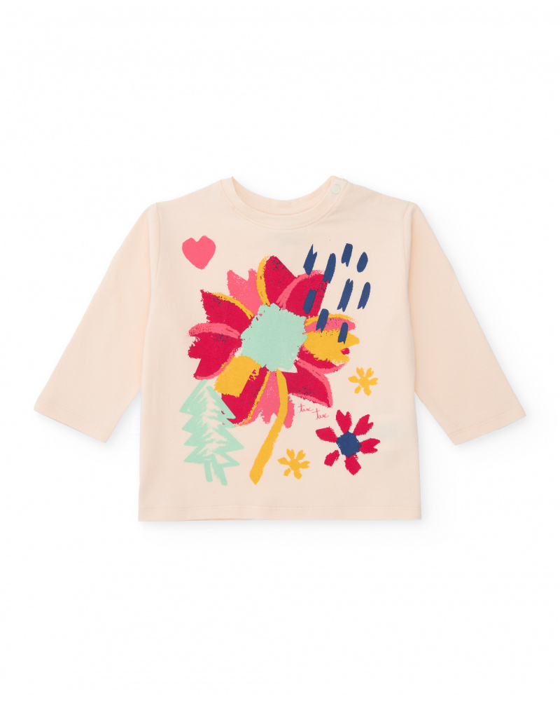 Girls' ivory long-sleeve T-shirt with multicolor floral print.