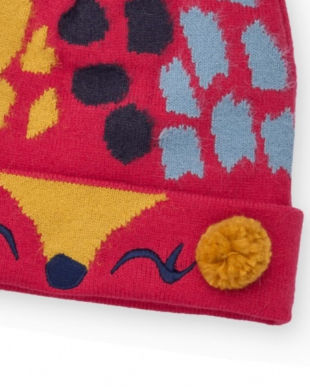 Hat for girl in red with ears and multicolored print